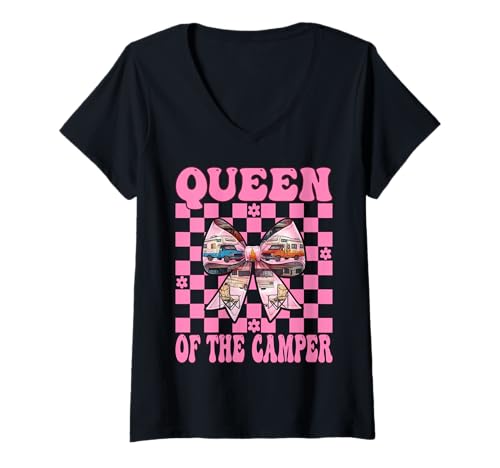 Damen Queen of The Camper RV Camping Camper Wohnmobil Mädchen Mama T-Shirt mit V-Ausschnitt von Womens Pink Coquette Bow RV Camping Camper Gifts