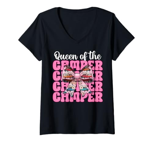Damen Queen of The Camper RV Camping Camper Wohnmobil Mädchen Mama T-Shirt mit V-Ausschnitt von Womens Pink Coquette Bow RV Camping Camper Gifts