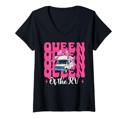 Damen Queen of The Rv Camping Camper Wohnmobil Mädchen Mama Kokette T-Shirt mit V-Ausschnitt von Womens Pink Coquette Bow RV Camping Camper Gifts