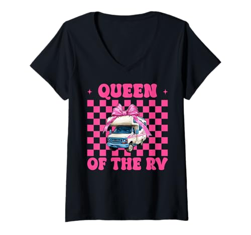 Damen Queen of The Rv Camping Camper Wohnmobil Mädchen Mama Kokette T-Shirt mit V-Ausschnitt von Womens Pink Coquette Bow RV Camping Camper Gifts
