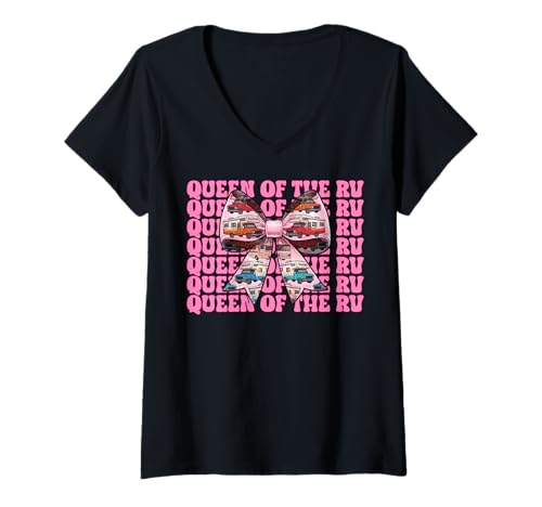 Damen Queen of The Rv Camping Camper Wohnmobil Mädchen Mama Kokette T-Shirt mit V-Ausschnitt von Womens Pink Coquette Bow RV Camping Camper Gifts