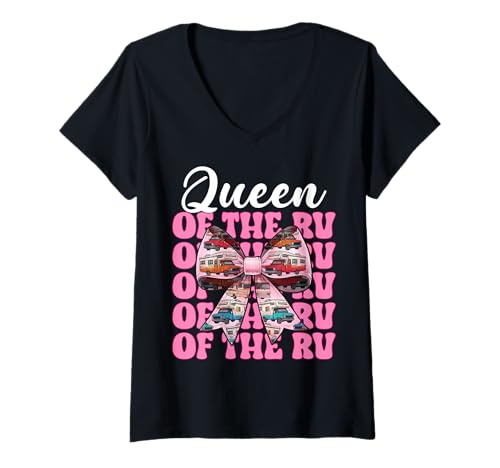 Damen Queen of The Rv Camping Camper Wohnmobil Mädchen Mama Kokette T-Shirt mit V-Ausschnitt von Womens Pink Coquette Bow RV Camping Camper Gifts