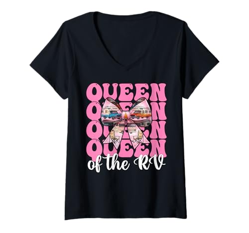 Damen Queen of The Rv Camping Camper Wohnmobil Mädchen Mama Kokette T-Shirt mit V-Ausschnitt von Womens Pink Coquette Bow RV Camping Camper Gifts