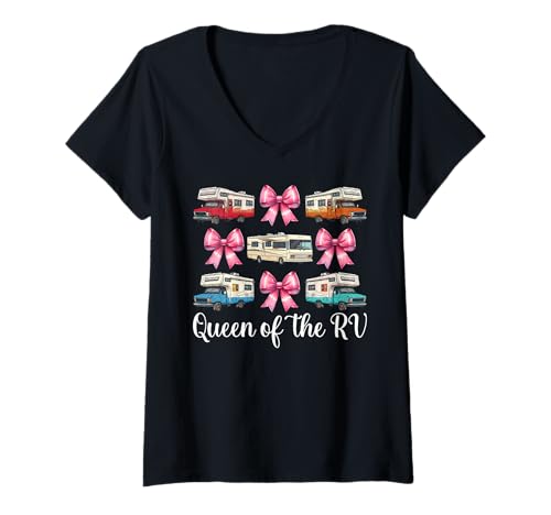Damen Queen of The Rv Camping Camper Wohnmobil Mädchen Mama Kokette T-Shirt mit V-Ausschnitt von Womens Pink Coquette Bow RV Camping Camper Gifts