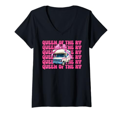 Damen Queen of The Rv Camping Camper Wohnmobil Mädchen Mama Kokette T-Shirt mit V-Ausschnitt von Womens Pink Coquette Bow RV Camping Camper Gifts