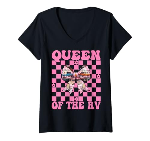 Damen Queen of The Rv Camping Camper Wohnmobil Mädchen Mama Kokette T-Shirt mit V-Ausschnitt von Womens Pink Coquette Bow RV Camping Camper Gifts