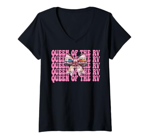 Damen Queen of The Rv Camping Camper Wohnmobil Mädchen Mama Kokette T-Shirt mit V-Ausschnitt von Womens Pink Coquette Bow RV Camping Camper Gifts