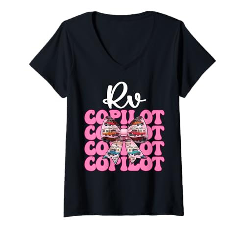 Damen RV Copilot RV Camping Camper Wohnmobil Mädchen Mama Kokette Bogen T-Shirt mit V-Ausschnitt von Womens Pink Coquette Bow RV Camping Camper Gifts