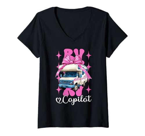 Damen RV Copilot RV Camping Camper Wohnmobil Mädchen Mama Kokette Bogen T-Shirt mit V-Ausschnitt von Womens Pink Coquette Bow RV Camping Camper Gifts