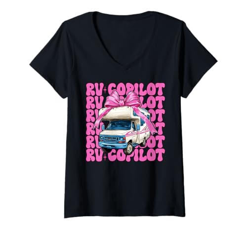 Damen RV Copilot RV Camping Camper Wohnmobil Mädchen Mama Kokette Bogen T-Shirt mit V-Ausschnitt von Womens Pink Coquette Bow RV Camping Camper Gifts