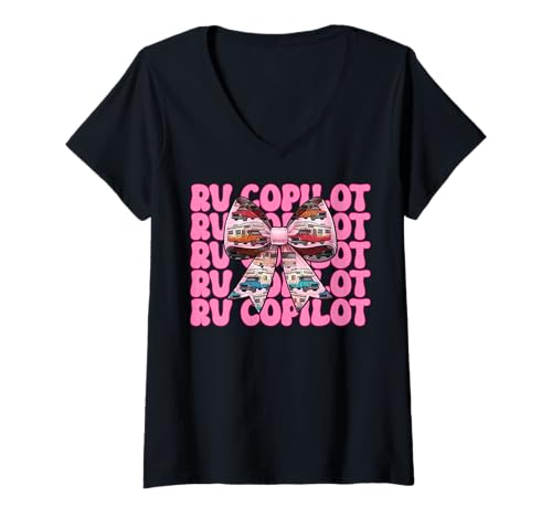 Damen RV Copilot RV Camping Camper Wohnmobil Mädchen Mama Kokette Bogen T-Shirt mit V-Ausschnitt von Womens Pink Coquette Bow RV Camping Camper Gifts