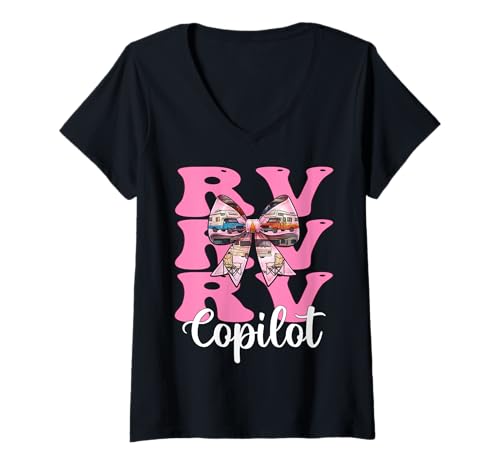 Damen RV Copilot RV Camping Camper Wohnmobil Mädchen Mama Kokette Bogen T-Shirt mit V-Ausschnitt von Womens Pink Coquette Bow RV Camping Camper Gifts