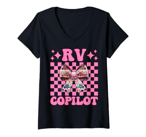 Damen RV Copilot RV Camping Camper Wohnmobil Mädchen Mama Kokette Bogen T-Shirt mit V-Ausschnitt von Womens Pink Coquette Bow RV Camping Camper Gifts