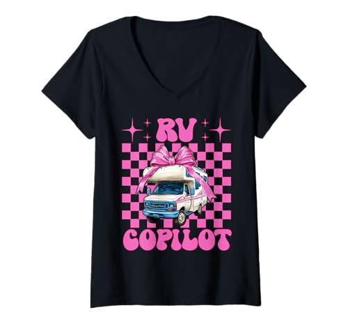 Damen RV Copilot RV Camping Camper Wohnmobil Mädchen Mama Kokette Bogen T-Shirt mit V-Ausschnitt von Womens Pink Coquette Bow RV Camping Camper Gifts
