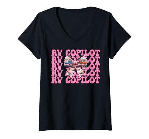 Damen RV Copilot RV Camping Camper Wohnmobil Mädchen Mama Kokette Bogen T-Shirt mit V-Ausschnitt von Womens Pink Coquette Bow RV Camping Camper Gifts