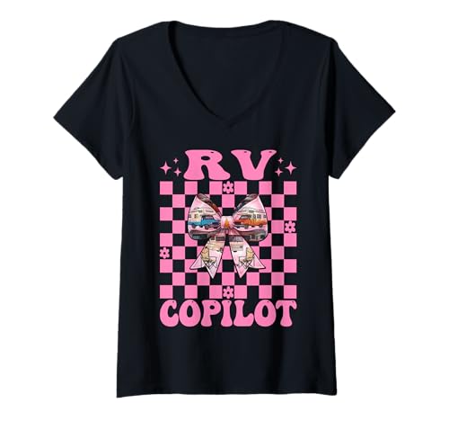 Damen RV Copilot RV Camping Camper Wohnmobil Mädchen Mama Kokette Bogen T-Shirt mit V-Ausschnitt von Womens Pink Coquette Bow RV Camping Camper Gifts