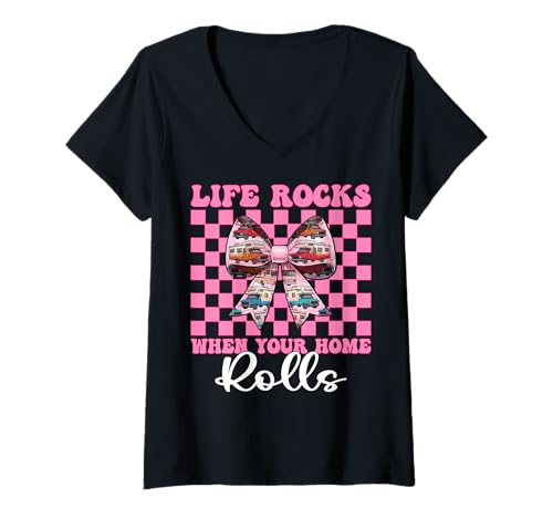 Damen Wohnmobil, Camping, Wohnmobil, das Leben rockt, wenn Ihr Zuhause rollt T-Shirt mit V-Ausschnitt von Womens Pink Coquette Bow RV Camping Camper Gifts