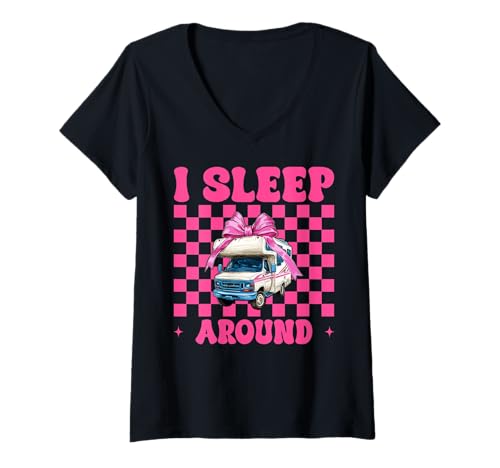 Damen Wohnmobil Camping Camper Wohnmobil Mädchen Mama Coquette I Sleep Around T-Shirt mit V-Ausschnitt von Womens Pink Coquette Bow RV Camping Camper Gifts