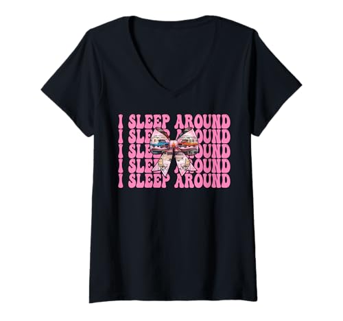 Damen Wohnmobil Camping Camper Wohnmobil Mädchen Mama Coquette I Sleep Around T-Shirt mit V-Ausschnitt von Womens Pink Coquette Bow RV Camping Camper Gifts
