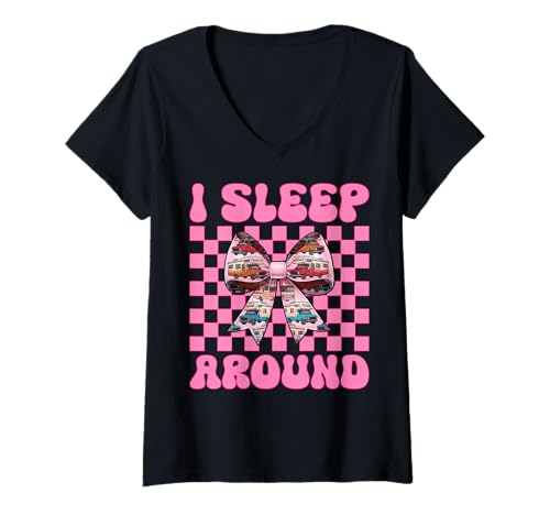 Damen Wohnmobil Camping Camper Wohnmobil Mädchen Mama Coquette I Sleep Around T-Shirt mit V-Ausschnitt von Womens Pink Coquette Bow RV Camping Camper Gifts