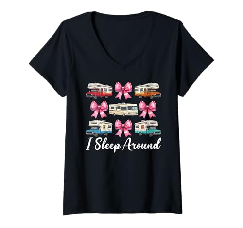 Damen Wohnmobil Camping Camper Wohnmobil Mädchen Mama Coquette I Sleep Around T-Shirt mit V-Ausschnitt von Womens Pink Coquette Bow RV Camping Camper Gifts