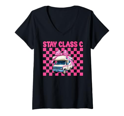 Damen Wohnmobil Camping Camper Wohnmobil Mädchen Mama Coquette Stay Klasse C T-Shirt mit V-Ausschnitt von Womens Pink Coquette Bow RV Camping Camper Gifts