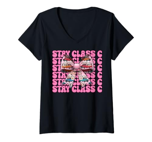 Damen Wohnmobil Camping Camper Wohnmobil Mädchen Mama Coquette Stay Klasse C T-Shirt mit V-Ausschnitt von Womens Pink Coquette Bow RV Camping Camper Gifts