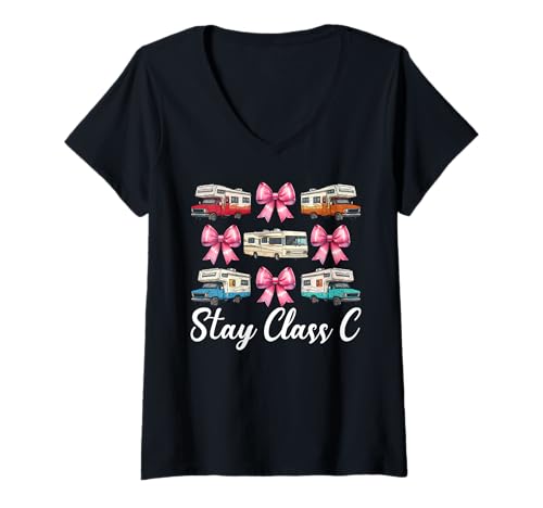 Damen Wohnmobil Camping Camper Wohnmobil Mädchen Mama Coquette Stay Klasse C T-Shirt mit V-Ausschnitt von Womens Pink Coquette Bow RV Camping Camper Gifts