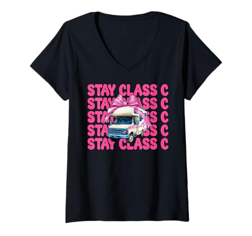 Damen Wohnmobil Camping Camper Wohnmobil Mädchen Mama Coquette Stay Klasse C T-Shirt mit V-Ausschnitt von Womens Pink Coquette Bow RV Camping Camper Gifts