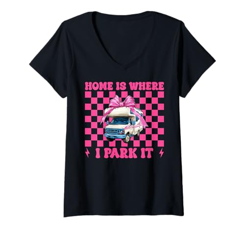 Damen Wohnmobil Camping Camper Wohnmobil Mädchen Mama Home is Where I Park It T-Shirt mit V-Ausschnitt von Womens Pink Coquette Bow RV Camping Camper Gifts