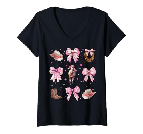 Damen Rodeo Barrel Racer Barrel Racing Coquette Bow für Mädchen, Mama, Rosa T-Shirt mit V-Ausschnitt Damen Rodeo Barrel Racer Barrel Racing Coquette Bow für Mädchen, Mama, Rosa T-Shirt mit V-Ausschnitt von Womens Pink Coquette Bow Rodeo Barrel Racer Gifts