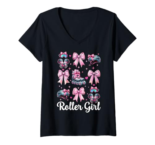 Damen Roller Girl Rollerblades Inlineskating T-Shirt mit V-Ausschnitt von Womens Pink Coquette Bow Rollerblades Gifts