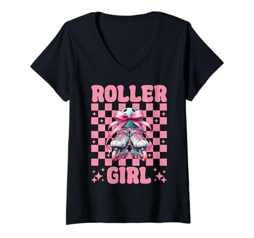 Damen Roller Girl Rollerblades Inlineskating T-Shirt mit V-Ausschnitt von Womens Pink Coquette Bow Rollerblades Gifts