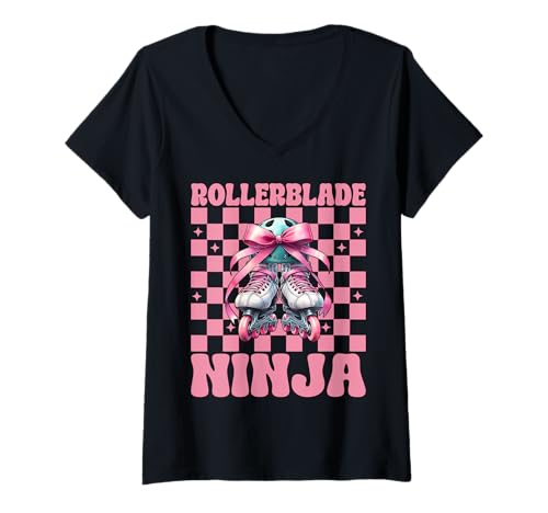 Damen Rollerblade Ninja Rollerblades Inlineskating T-Shirt mit V-Ausschnitt Damen Rollerblade Ninja Rollerblades Inlineskating T-Shirt mit V-Ausschnitt von Womens Pink Coquette Bow Rollerblades Gifts