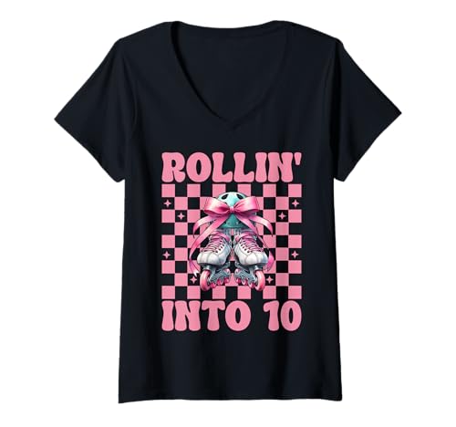Damen Rollin' Into 10 Rollerblades Rollerblading Geburtstagskind T-Shirt mit V-Ausschnitt von Womens Pink Coquette Bow Rollerblades Gifts