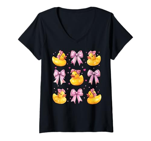 Damen Badeente Ente Mädchen Kokette Schleife Rosa T-Shirt mit V-Ausschnitt Damen Badeente Ente Mädchen Kokette Schleife Rosa T-Shirt mit V-Ausschnitt von Womens Pink Coquette Bow Rubber Duck Ducky Gifts