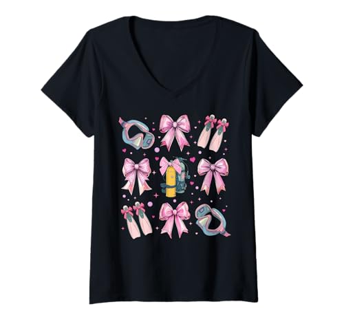 Damen Taucherin für Mädchen, Kokettenbogen, rosa Mama T-Shirt mit V-Ausschnitt Damen Taucherin für Mädchen, Kokettenbogen, rosa Mama T-Shirt mit V-Ausschnitt von Womens Pink Coquette Bow Scuba Diving Diver Gifts