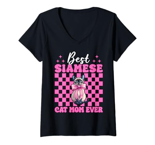 Damen Best Siamese Cat Mom Ever Mama Muttertag Kokette Schleife T-Shirt mit V-Ausschnitt Damen Best Siamese Cat Mom Ever Mama Muttertag Kokette Schleife T-Shirt mit V-Ausschnitt von Womens Pink Coquette Bow Siamese Cat Pet Gifts