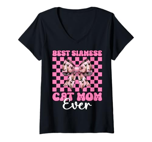 Damen Best Siamese Cat Mom Ever Mama Muttertag Kokette Schleife T-Shirt mit V-Ausschnitt Damen Best Siamese Cat Mom Ever Mama Muttertag Kokette Schleife T-Shirt mit V-Ausschnitt von Womens Pink Coquette Bow Siamese Cat Pet Gifts