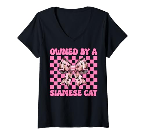 Damen Im Besitz Einer siamesischen Katze, Mädchen, Katzenmutter, rosa Kokettenschleife T-Shirt mit V-Ausschnitt von Womens Pink Coquette Bow Siamese Cat Pet Gifts
