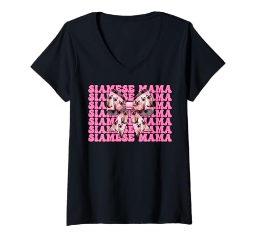 Damen Siamesische Mama Siamesische Katze Mama Muttertag Kokette Schleife T-Shirt mit V-Ausschnitt Damen Siamesische Mama Siamesische Katze Mama Muttertag Kokette Schleife T-Shirt mit V-Ausschnitt von Womens Pink Coquette Bow Siamese Cat Pet Gifts