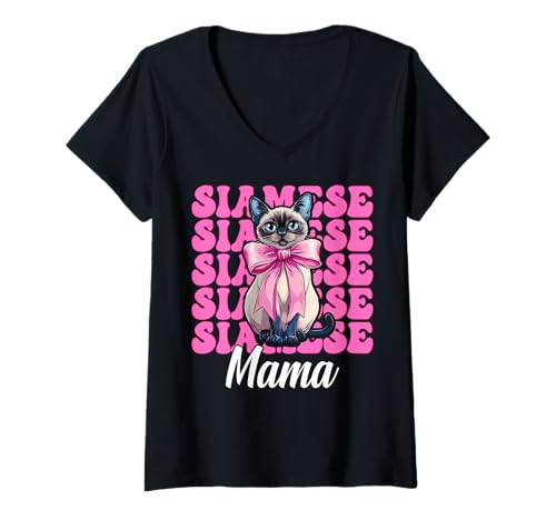 Damen Siamesische Mama Siamesische Katze Mama Muttertag Kokette Schleife T-Shirt mit V-Ausschnitt Damen Siamesische Mama Siamesische Katze Mama Muttertag Kokette Schleife T-Shirt mit V-Ausschnitt von Womens Pink Coquette Bow Siamese Cat Pet Gifts