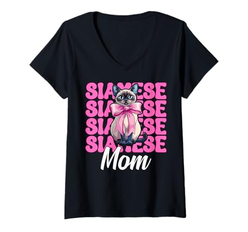 Damen Siamesische Mutter Siamesische Katze Mama Muttertag Kokette Schleife T-Shirt mit V-Ausschnitt Damen Siamesische Mutter Siamesische Katze Mama Muttertag Kokette Schleife T-Shirt mit V-Ausschnitt von Womens Pink Coquette Bow Siamese Cat Pet Gifts