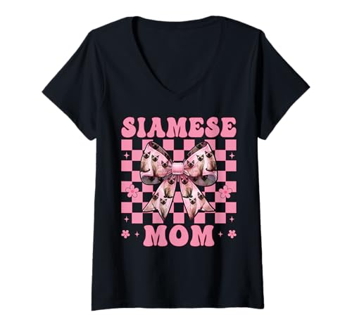 Damen Siamesische Mutter Siamesische Katze Mama Muttertag Kokette Schleife T-Shirt mit V-Ausschnitt Damen Siamesische Mutter Siamesische Katze Mama Muttertag Kokette Schleife T-Shirt mit V-Ausschnitt von Womens Pink Coquette Bow Siamese Cat Pet Gifts