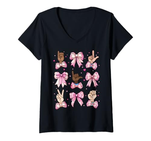 Damen Gebärdensprache ASL Deaf Teacher I Love You Girl Kokette Schleife T-Shirt mit V-Ausschnitt Damen Gebärdensprache ASL Deaf Teacher I Love You Girl Kokette Schleife T-Shirt mit V-Ausschnitt von Womens Pink Coquette Bow Sign Language ASL Gifts
