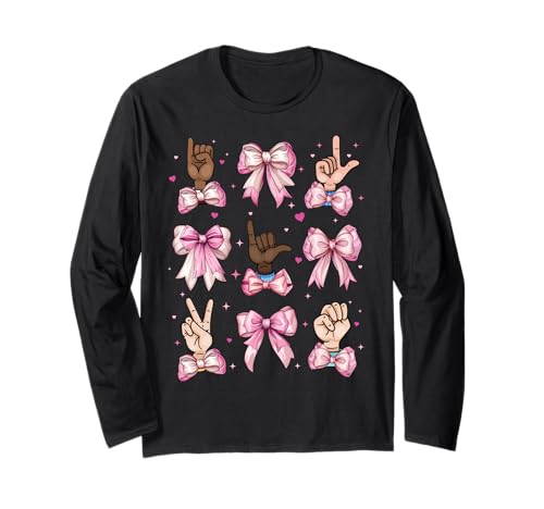 Gebärdensprache ASL Deaf Teacher I Love You Girl Kokette Schleife Langarmshirt Gebärdensprache ASL Deaf Teacher I Love You Girl Kokette Schleife Langarmshirt von Womens Pink Coquette Bow Sign Language ASL Gifts