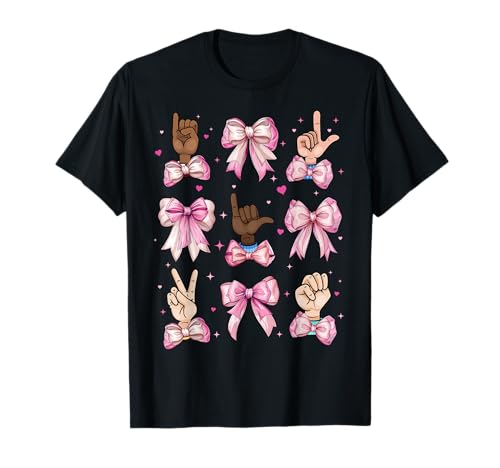 Gebärdensprache ASL Deaf Teacher I Love You Girl Kokette Schleife T-Shirt Gebärdensprache ASL Deaf Teacher I Love You Girl Kokette Schleife T-Shirt von Womens Pink Coquette Bow Sign Language ASL Gifts