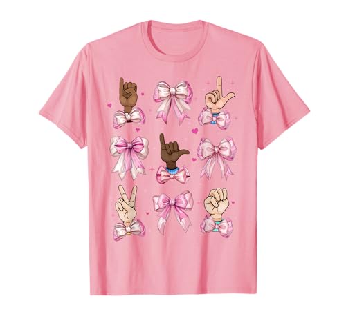 Gebärdensprache ASL Deaf Teacher I Love You Girl Kokette Schleife T-Shirt Gebärdensprache ASL Deaf Teacher I Love You Girl Kokette Schleife T-Shirt von Womens Pink Coquette Bow Sign Language ASL Gifts
