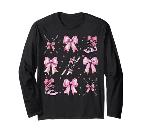 Skifahren Ski Skifahrer Mädchen Kokette Schleife Rosa Mama Langarmshirt von Womens Pink Coquette Bow Skiing Ski Gifts