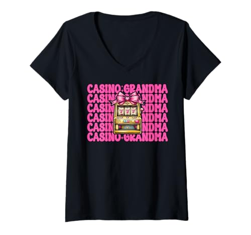 Damen Casino Grandma Nana Spielautomat 777 Coquette Bow T-Shirt mit V-Ausschnitt von Womens Pink Coquette Bow Slot Machine Casino Gifts